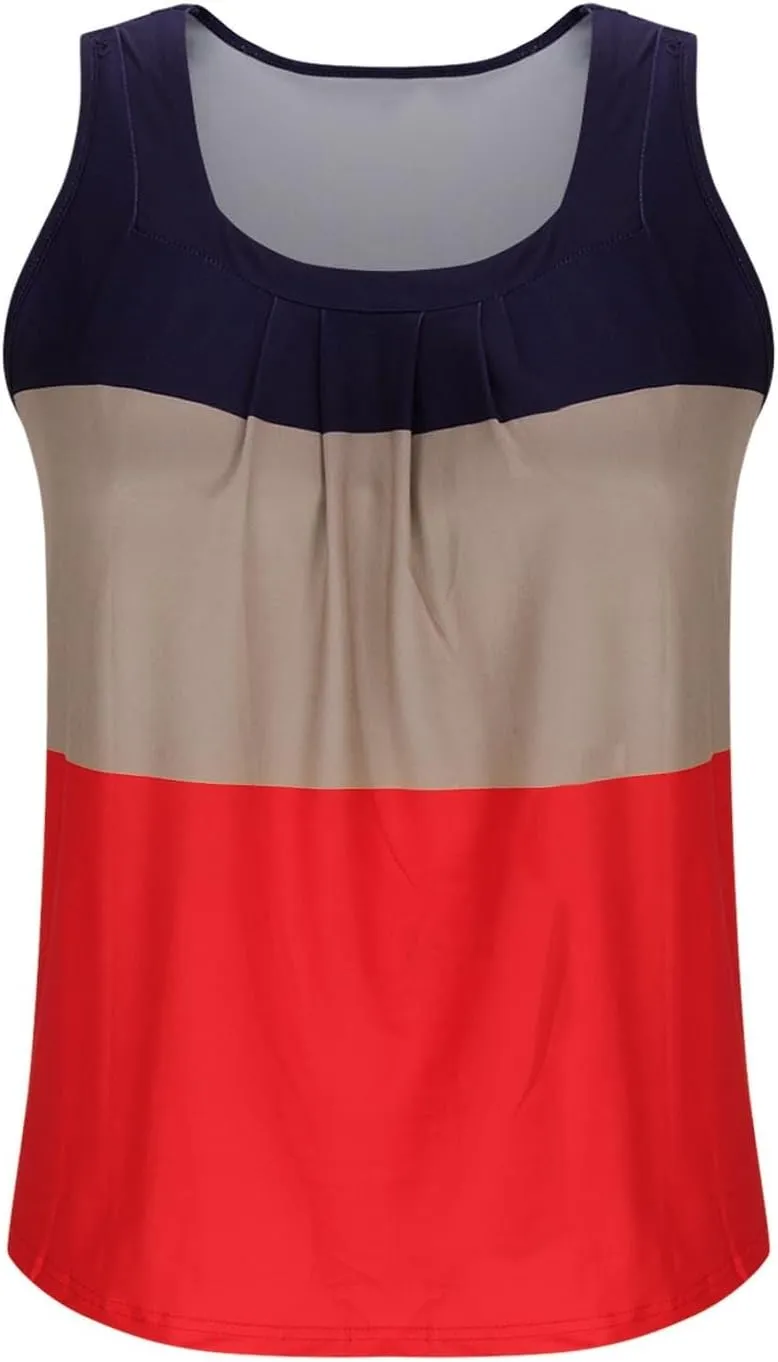 Women's Fashion Color Block Summer Tank Tops, Sleeveless Soft Comfy Loose Shirts Pleated Casual Going Out Clothes