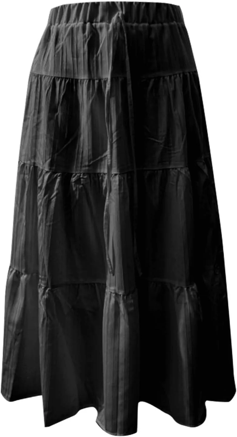 Women's Fashion Elastic Waist Tie Belt Loose A Line Skirt Button Midi Skirt