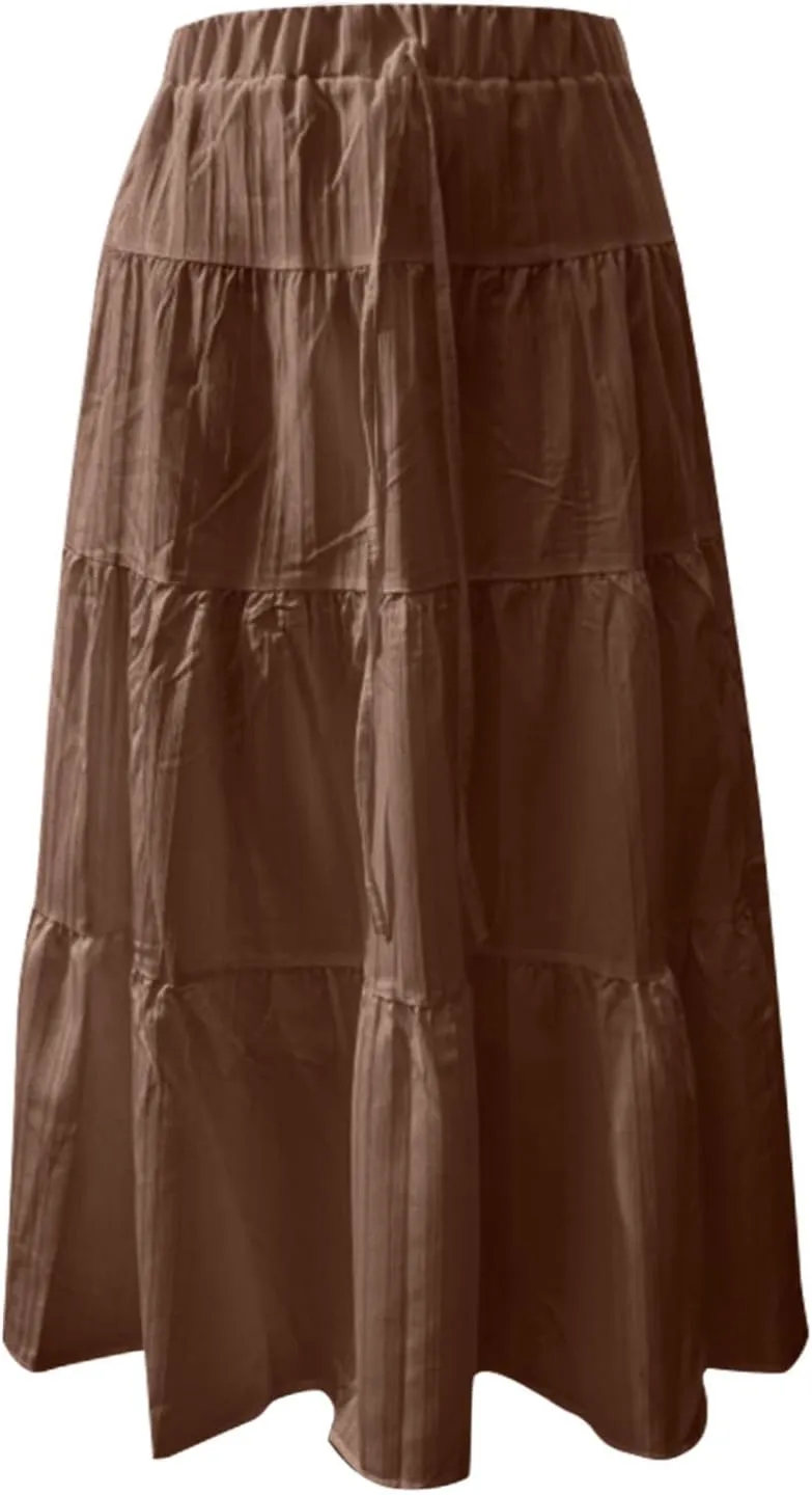 Women's Fashion Elastic Waist Tie Belt Loose A Line Skirt Button Midi Skirt