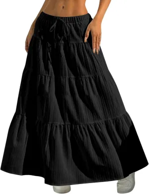 Women's Fashion Elastic Waist Tie Belt Loose A Line Skirt Button Midi Skirt