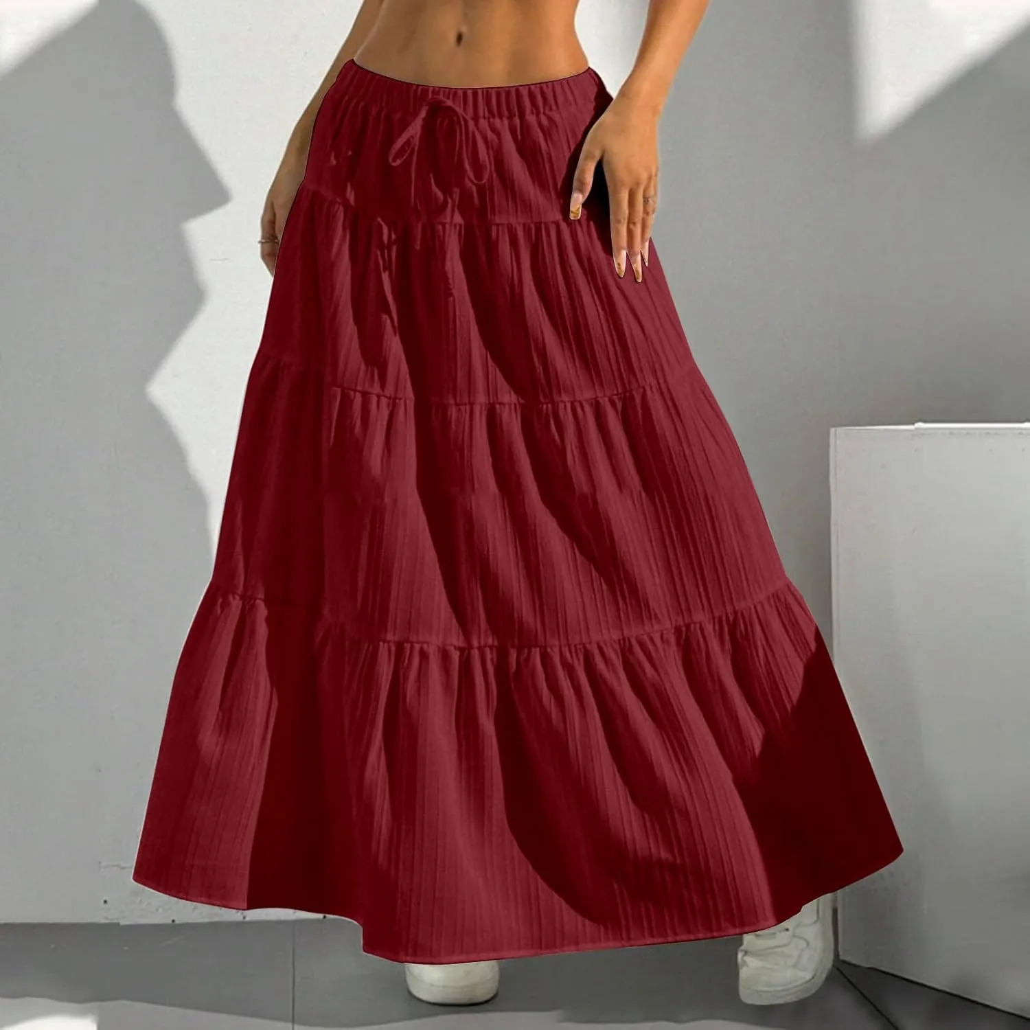 Women's Fashion Elastic Waist Tie Belt Loose A Line Skirt Button Midi Skirt