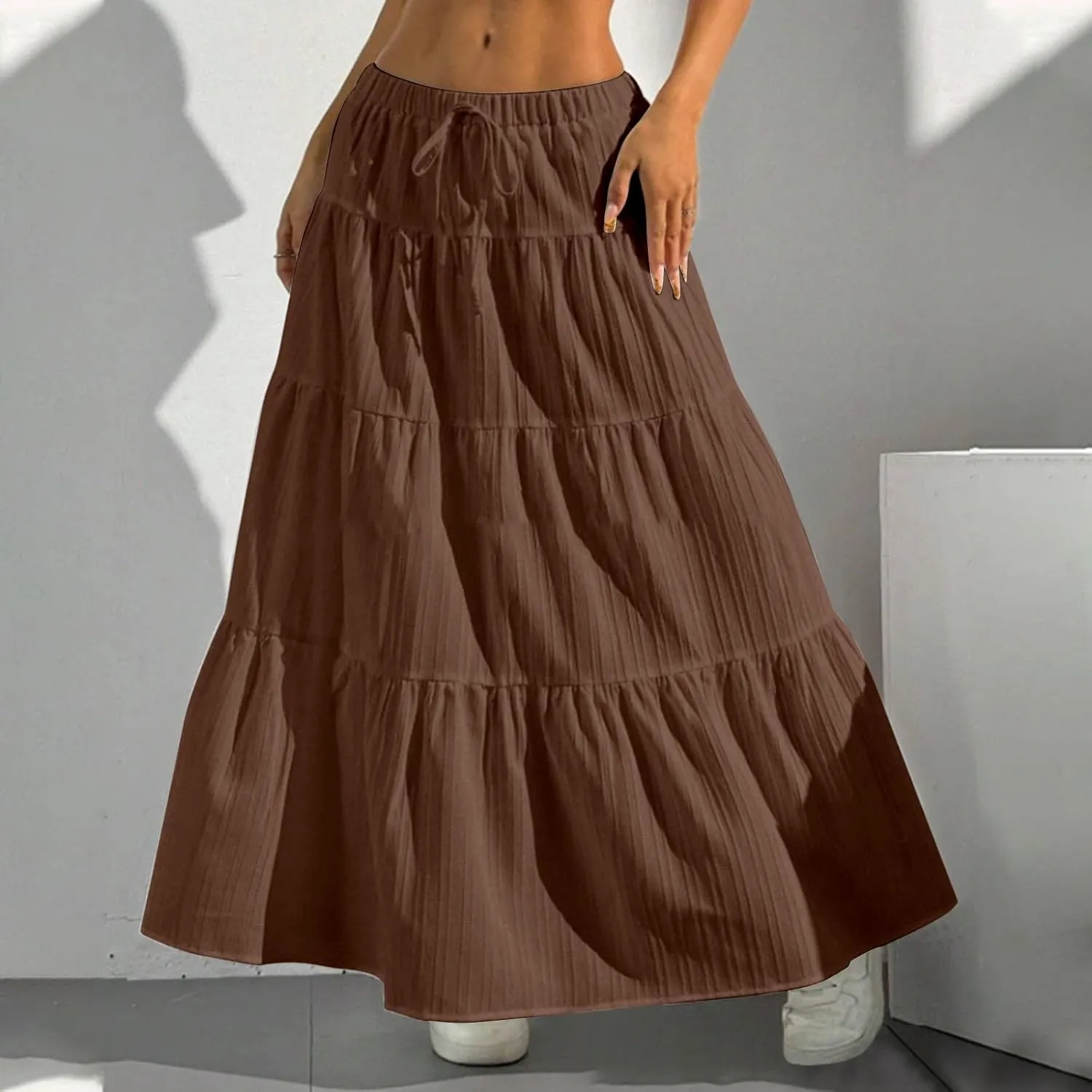 Women's Fashion Elastic Waist Tie Belt Loose A Line Skirt Button Midi Skirt