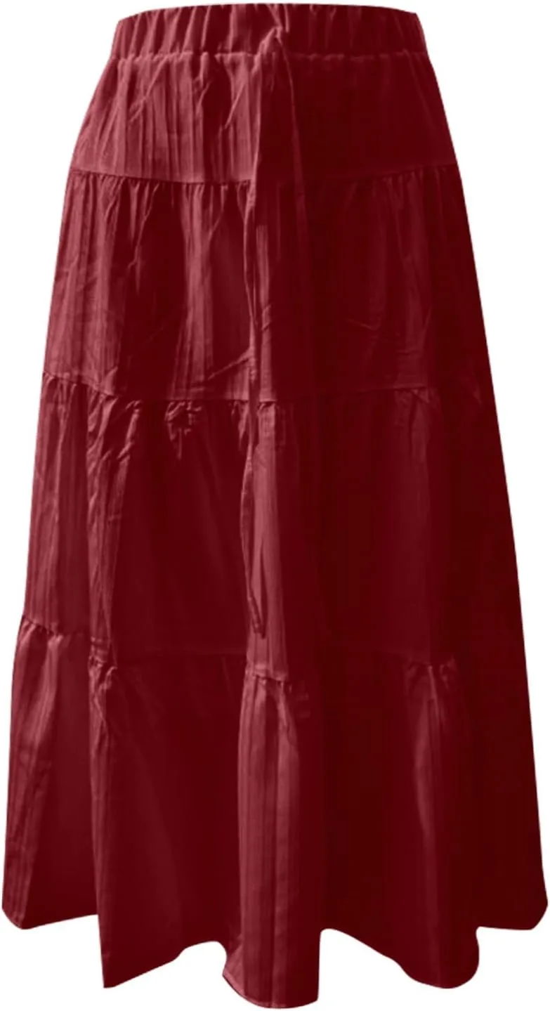 Women's Fashion Elastic Waist Tie Belt Loose A Line Skirt Button Midi Skirt