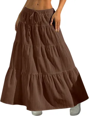 Women's Fashion Elastic Waist Tie Belt Loose A Line Skirt Button Midi Skirt