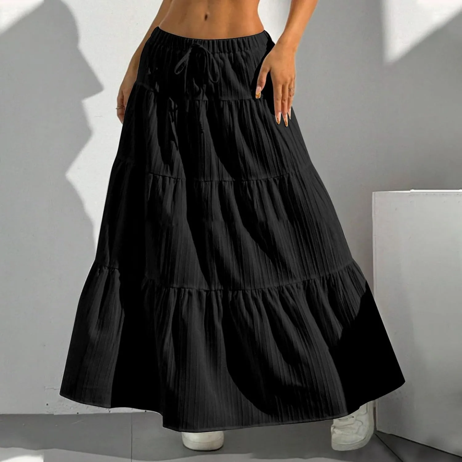 Women's Fashion Elastic Waist Tie Belt Loose A Line Skirt Button Midi Skirt