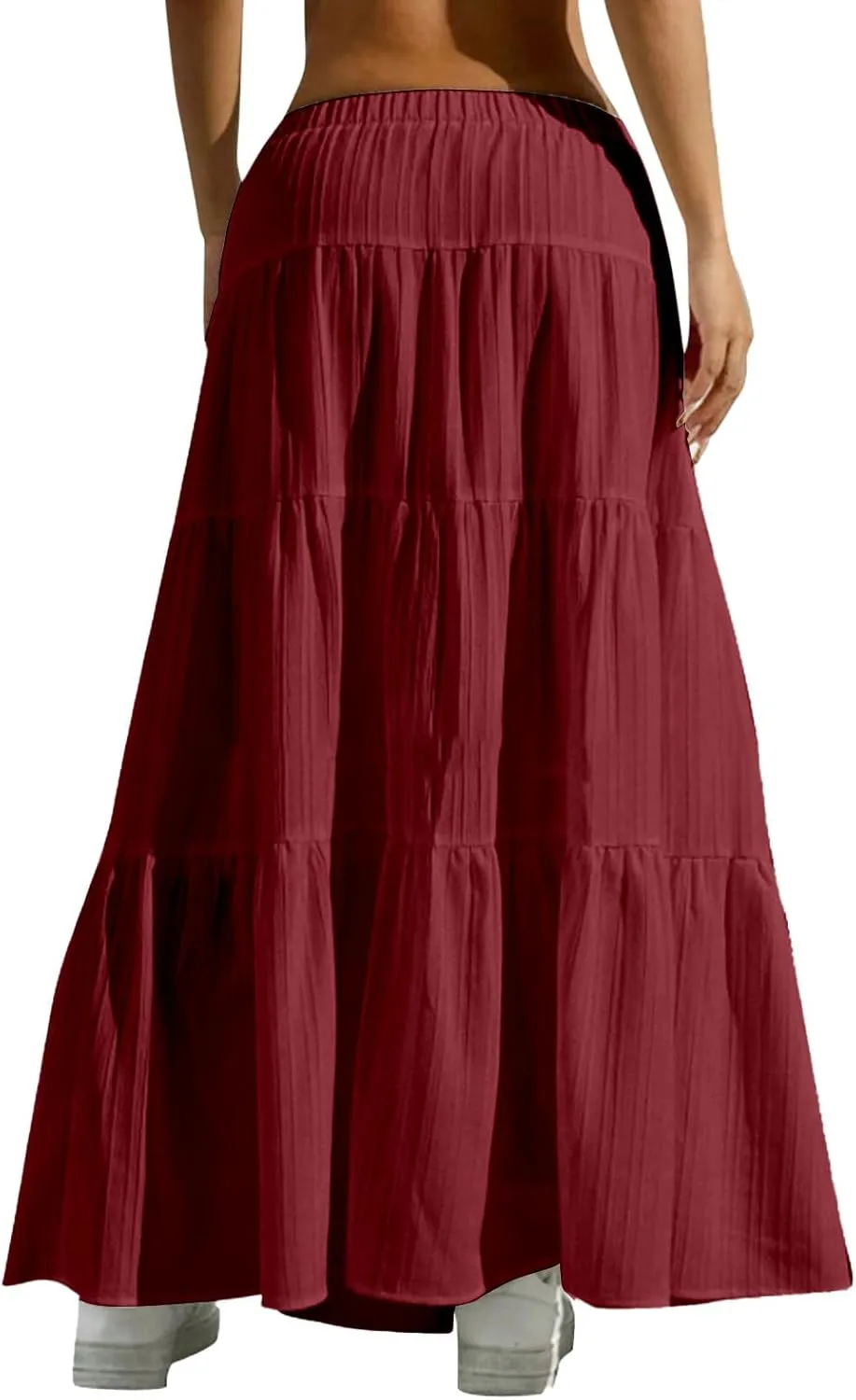 Women's Fashion Elastic Waist Tie Belt Loose A Line Skirt Button Midi Skirt