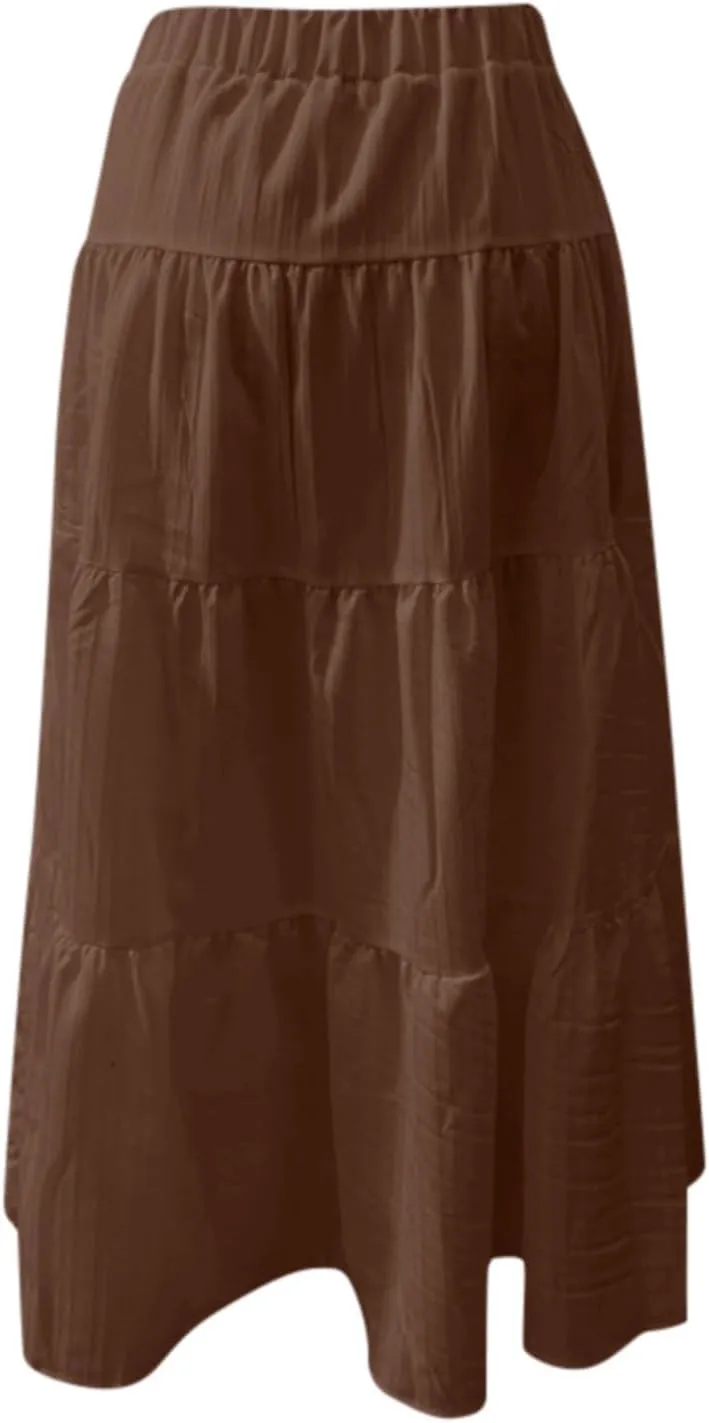 Women's Fashion Elastic Waist Tie Belt Loose A Line Skirt Button Midi Skirt