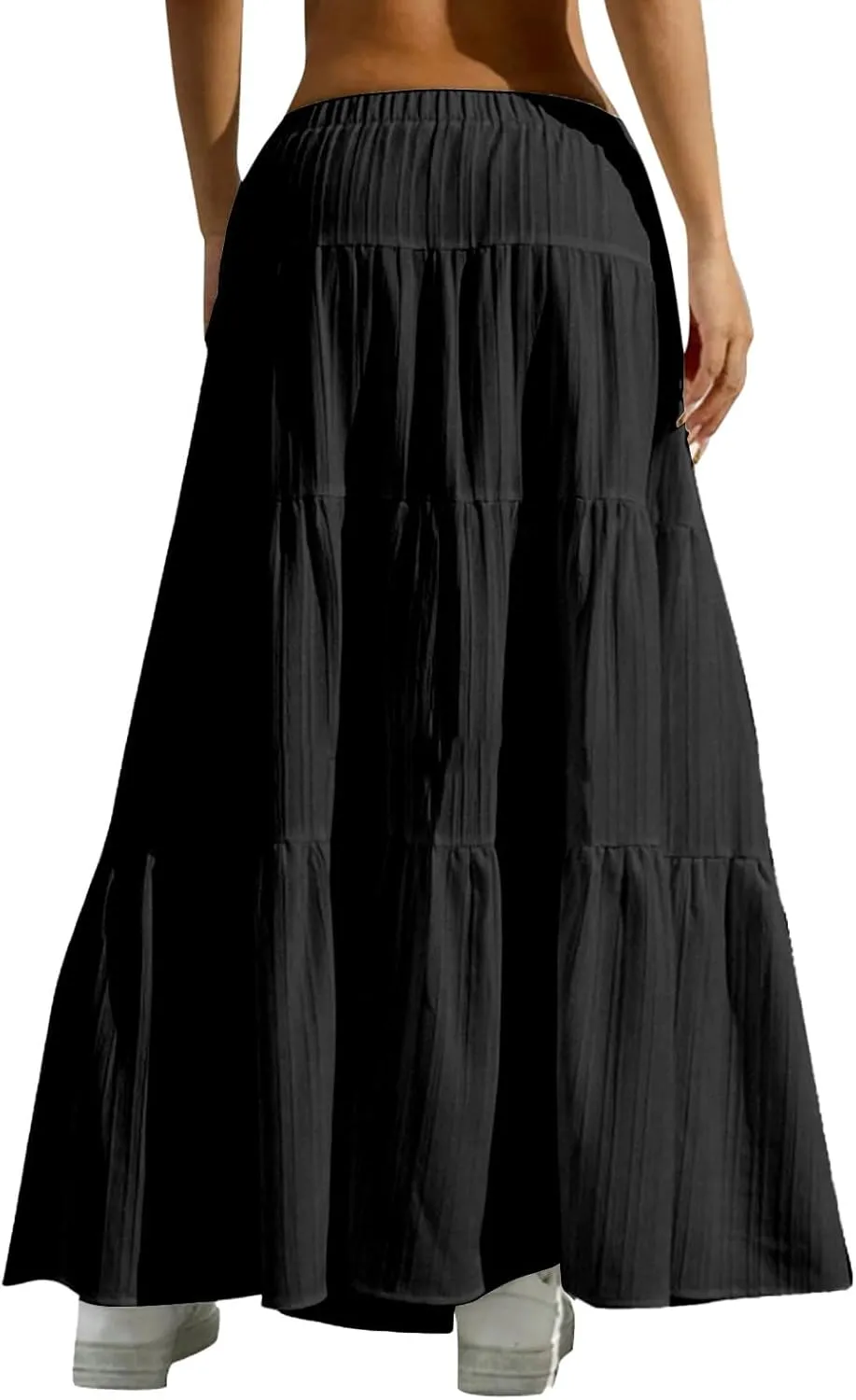 Women's Fashion Elastic Waist Tie Belt Loose A Line Skirt Button Midi Skirt