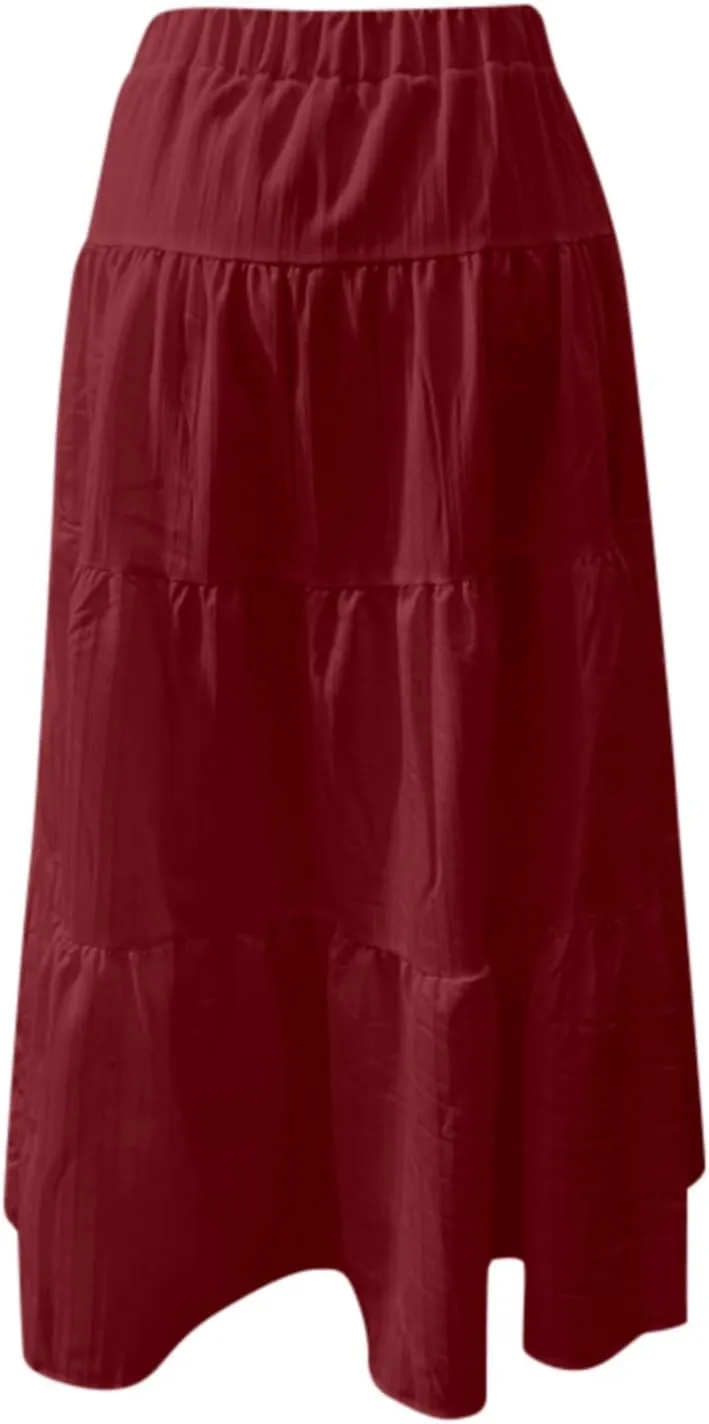 Women's Fashion Elastic Waist Tie Belt Loose A Line Skirt Button Midi Skirt