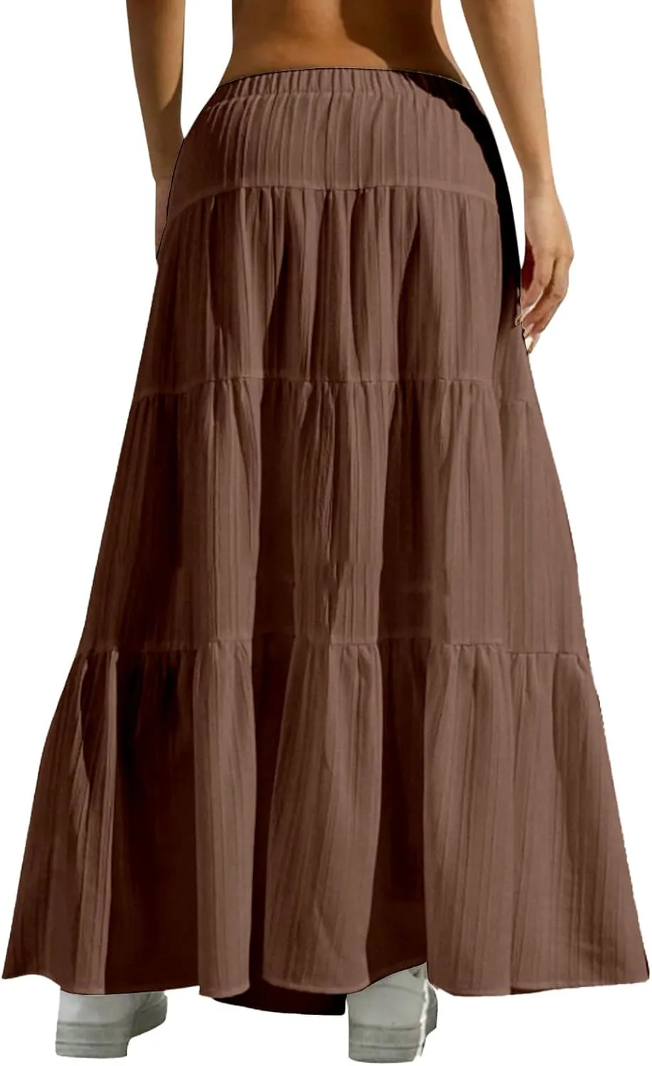 Women's Fashion Elastic Waist Tie Belt Loose A Line Skirt Button Midi Skirt
