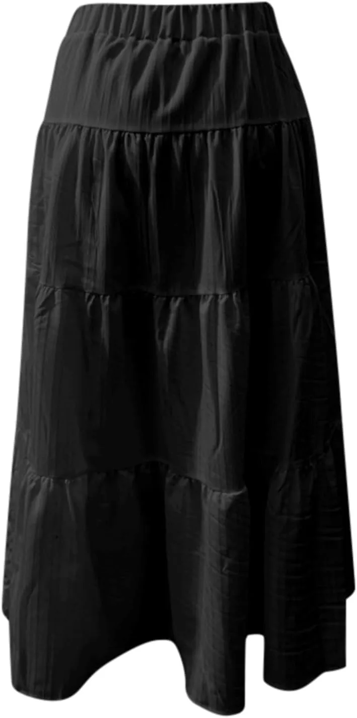 Women's Fashion Elastic Waist Tie Belt Loose A Line Skirt Button Midi Skirt