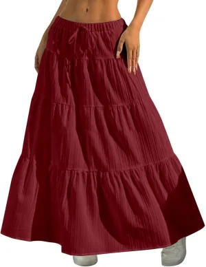 Women's Fashion Elastic Waist Tie Belt Loose A Line Skirt Button Midi Skirt
