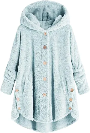 Womens Fleece Jackets Winter Hooded Coats 2024 Trendy Oversized Button Down Cardigan Sweater Warm Sweatshirt with Pocket