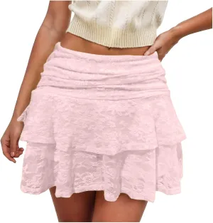 Womens Floral Lace Mini Skirts Y2k Low Waist Pleated Ruffled Hem Half Slip Skirt Flowy Layered Short Skirt Underskirt
