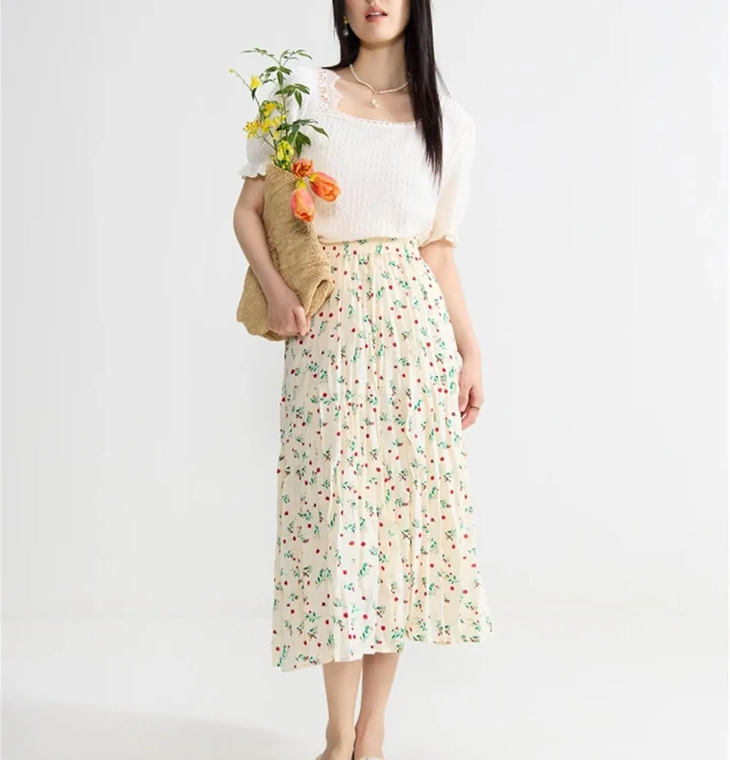 Women's Floral Pleated Casual Skirt Summer French High Waist A-Line Skirt