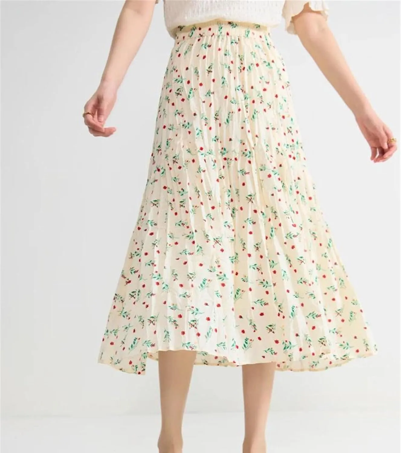 Women's Floral Pleated Casual Skirt Summer French High Waist A-Line Skirt