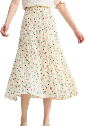 Women's Floral Pleated Casual Skirt Summer French High Waist A-Line Skirt