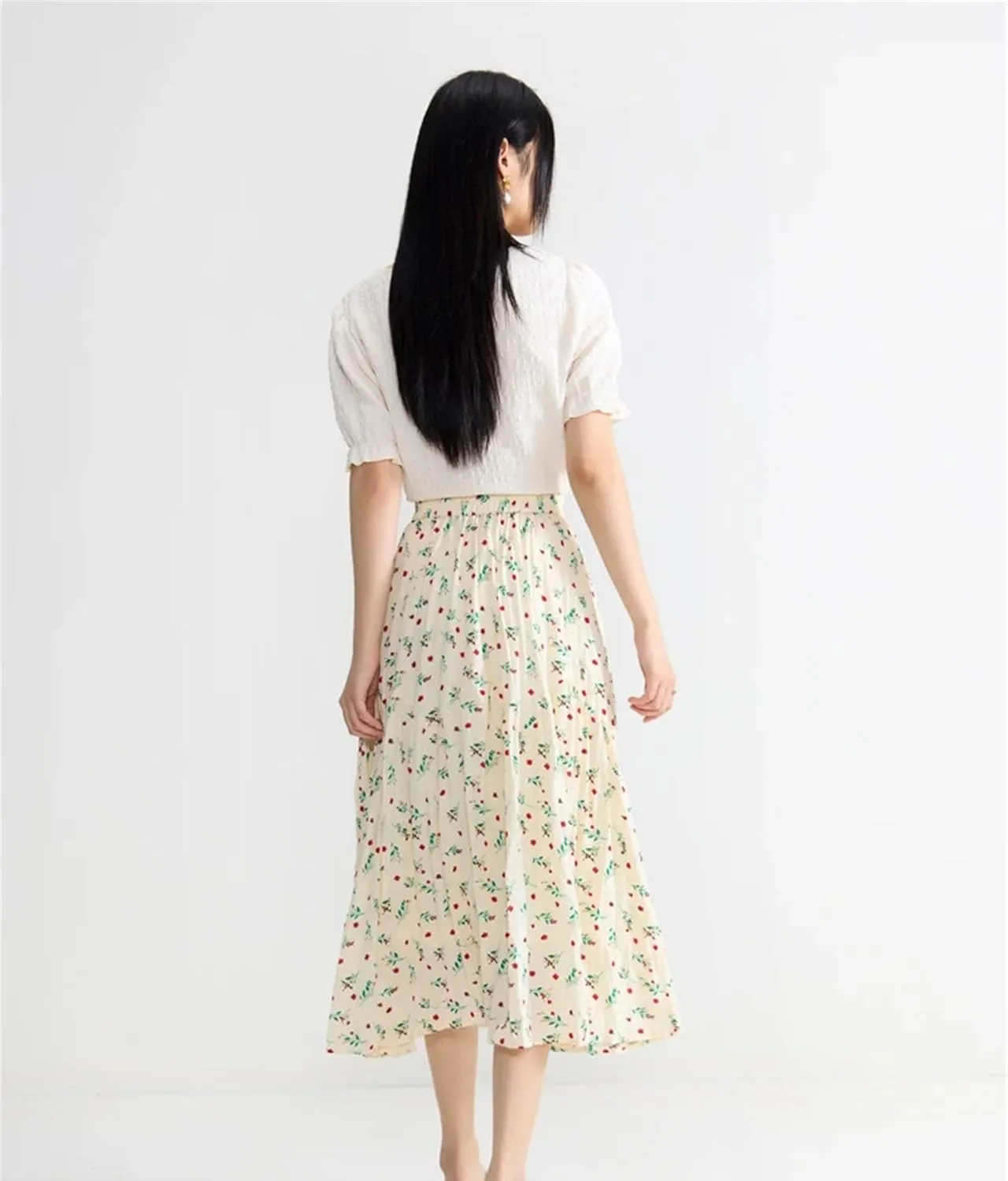 Women's Floral Pleated Casual Skirt Summer French High Waist A-Line Skirt