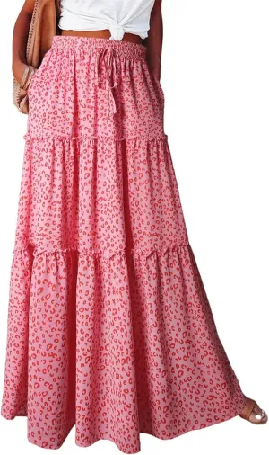 Womens Floral Print Boho Maxi Skirt Casual High Waist Tie Paisley Print Long Maxi Skirt Summer Beach Flowy Skirts