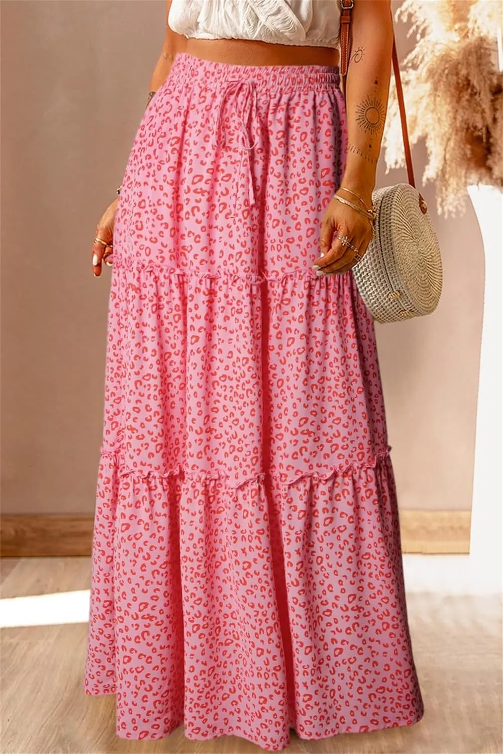 Womens Floral Print Boho Maxi Skirt Casual High Waist Tie Paisley Print Long Maxi Skirt Summer Beach Flowy Skirts