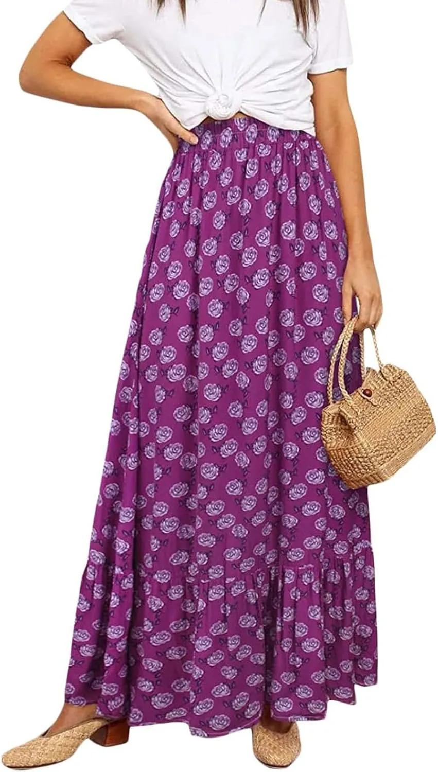 Womens Floral Print Boho Maxi Skirt High Elastic Waist Pleated Flowy Swing A-Line Maxi Skirts Summer Beach Flowy Skirts