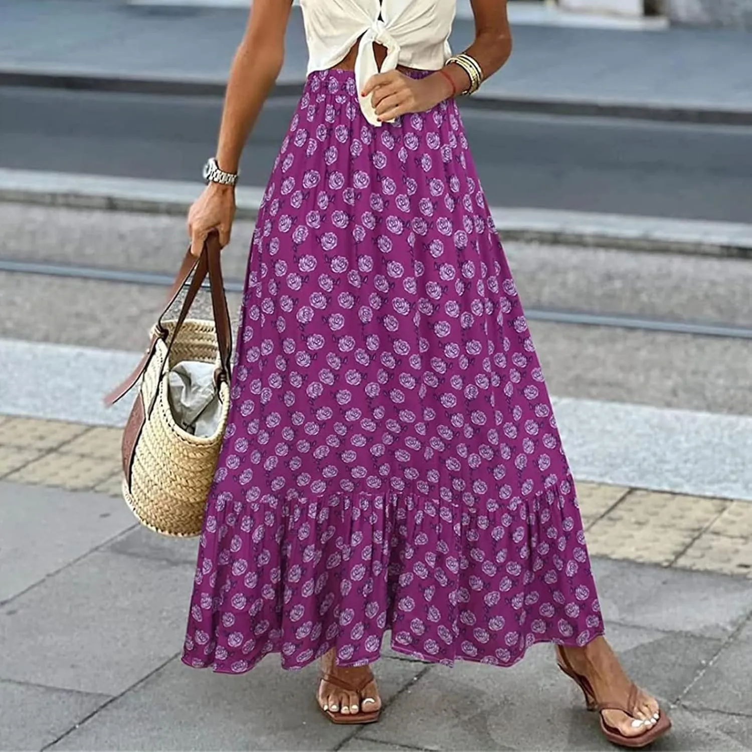 Womens Floral Print Boho Maxi Skirt High Elastic Waist Pleated Flowy Swing A-Line Maxi Skirts Summer Beach Flowy Skirts