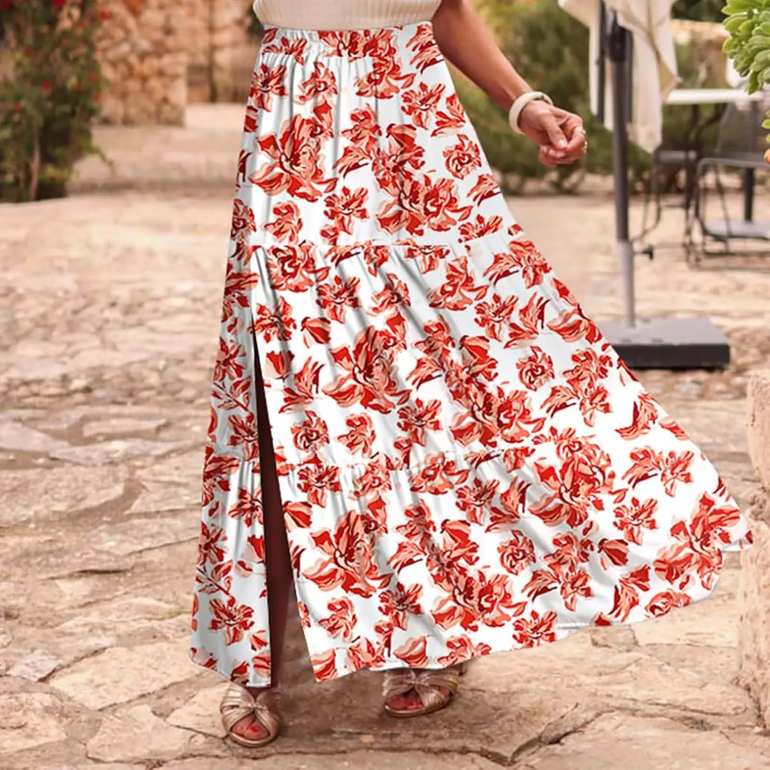 Womens Floral Print Maxi Skirts Fashion Tiered Split Skirt Summer Boho Beach Flowy Swing Bottom Vacation Clothes 2025
