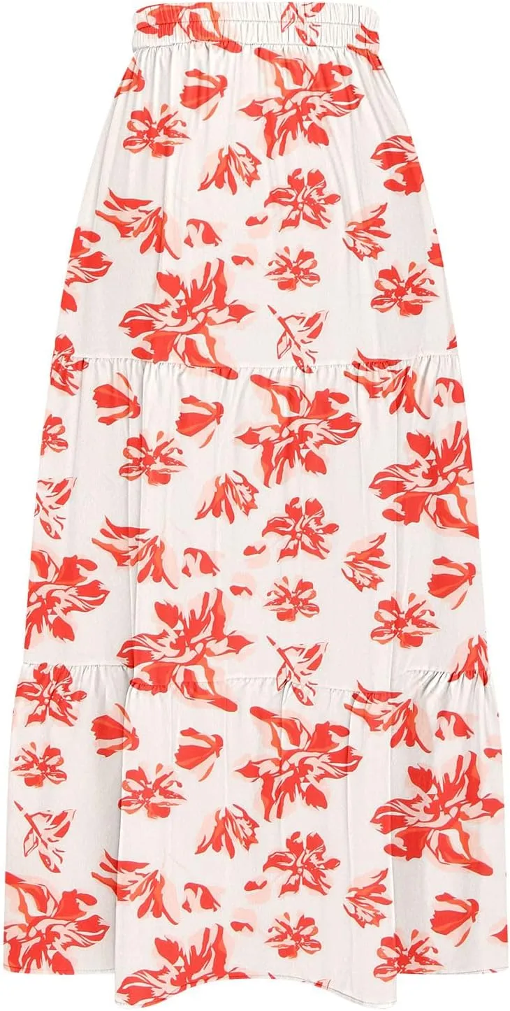 Womens Floral Print Maxi Skirts Fashion Tiered Split Skirt Summer Boho Beach Flowy Swing Bottom Vacation Clothes 2025