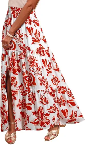 Womens Floral Print Maxi Skirts Fashion Tiered Split Skirt Summer Boho Beach Flowy Swing Bottom Vacation Clothes 2025