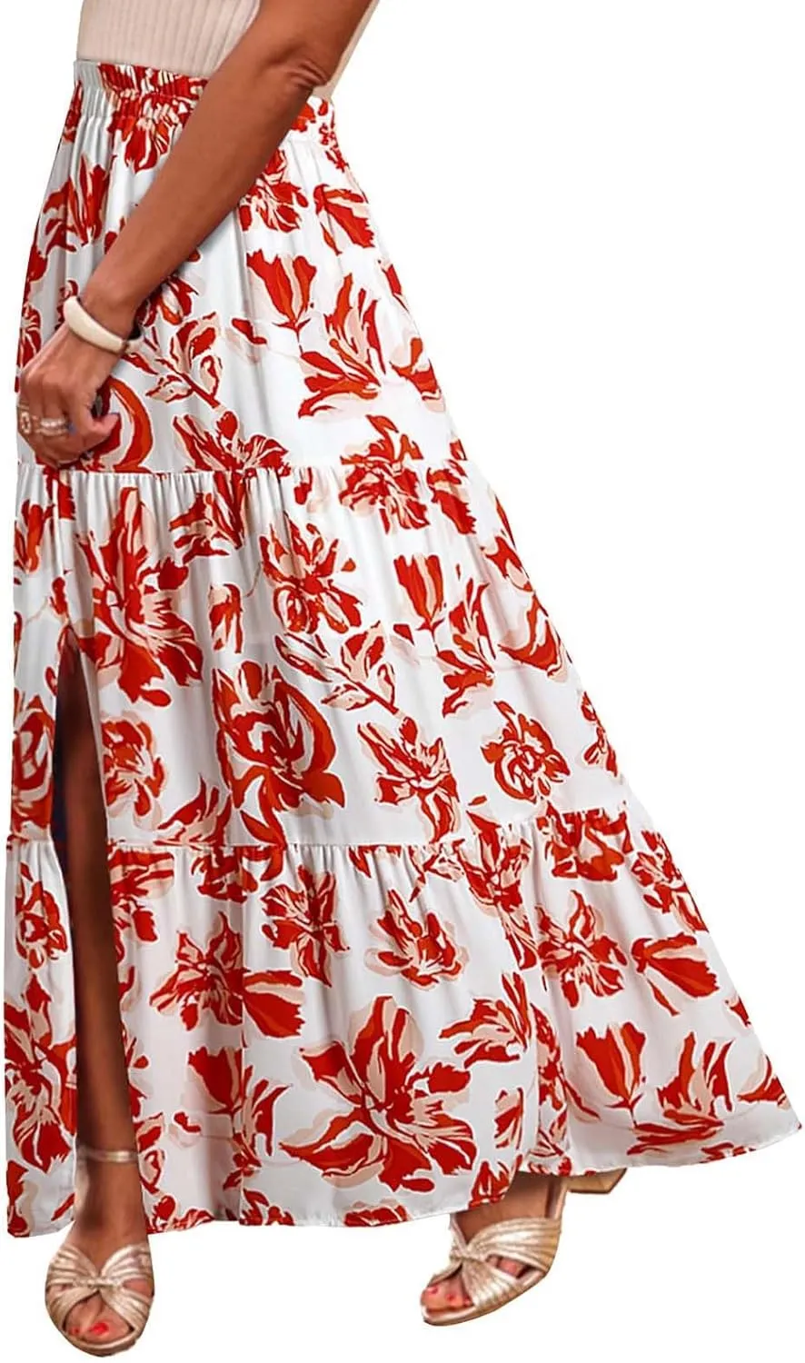 Womens Floral Print Maxi Skirts Fashion Tiered Split Skirt Summer Boho Beach Flowy Swing Bottom Vacation Clothes 2025