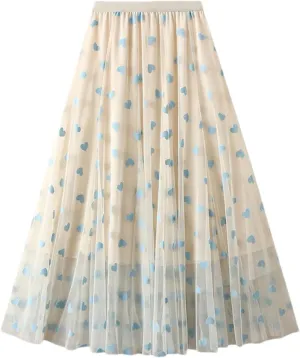 Women's French Mesh Mid-Calf Skirt Summer High Waist Loose A-Line Skirt