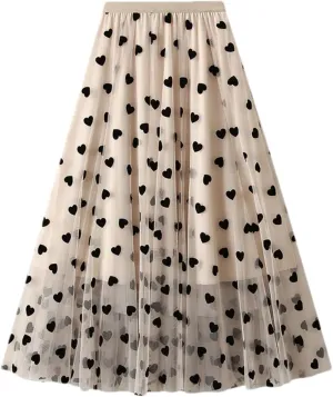 Women's French Mesh Mid-Calf Skirt Summer High Waist Loose A-Line Skirt
