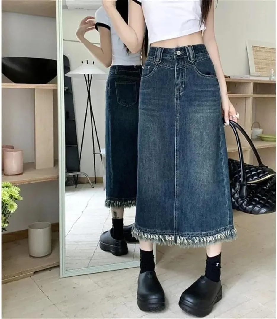 Women's Fringed Denim Skirt Medium Length Vintage Side Slit Slimming A- Line Skirt