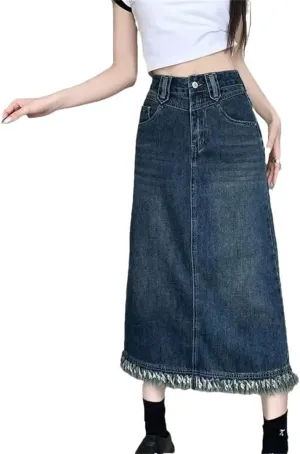 Women's Fringed Denim Skirt Medium Length Vintage Side Slit Slimming A- Line Skirt