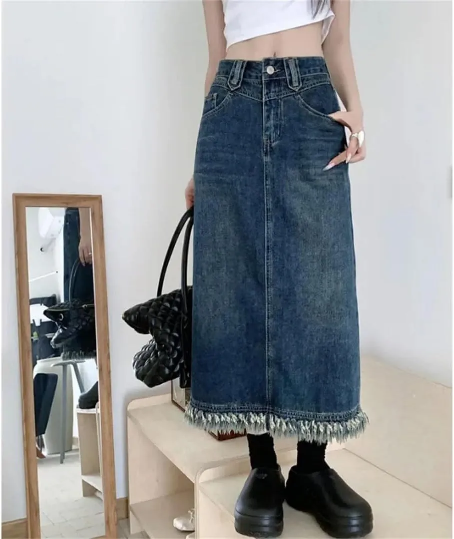 Women's Fringed Denim Skirt Medium Length Vintage Side Slit Slimming A- Line Skirt