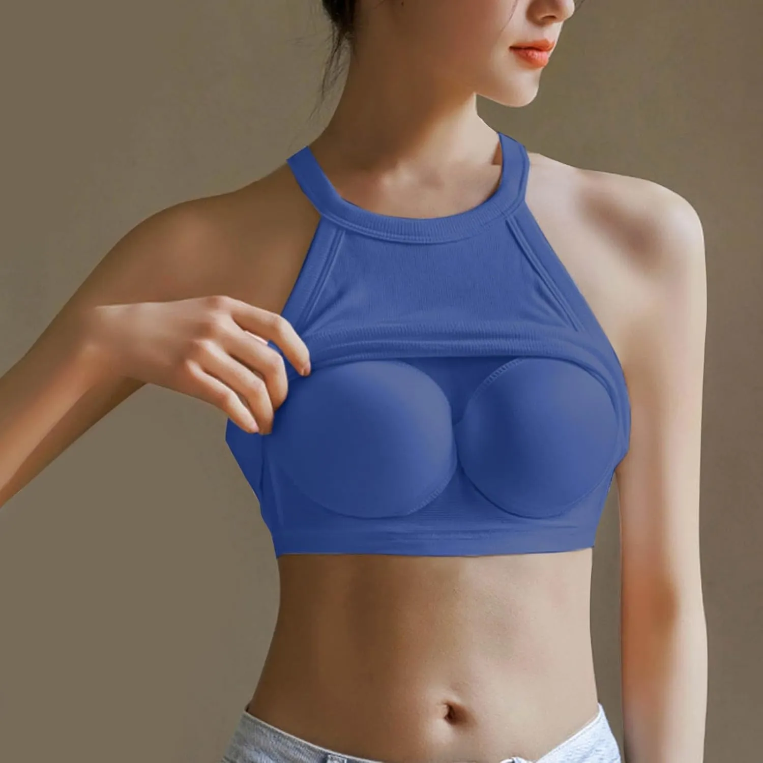 Women's Halter Knit Tank Built in Bra, Fashion Light Support Slim Fit Tops Summer Sleeveless Athletic Workout Shirts