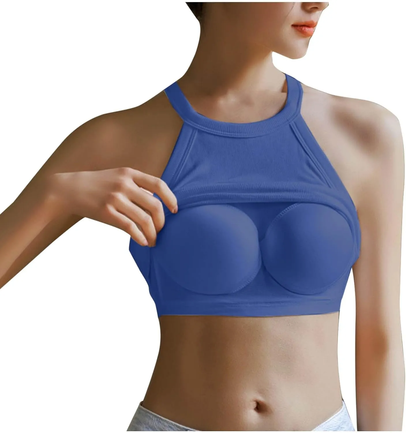 Women's Halter Knit Tank Built in Bra, Fashion Light Support Slim Fit Tops Summer Sleeveless Athletic Workout Shirts