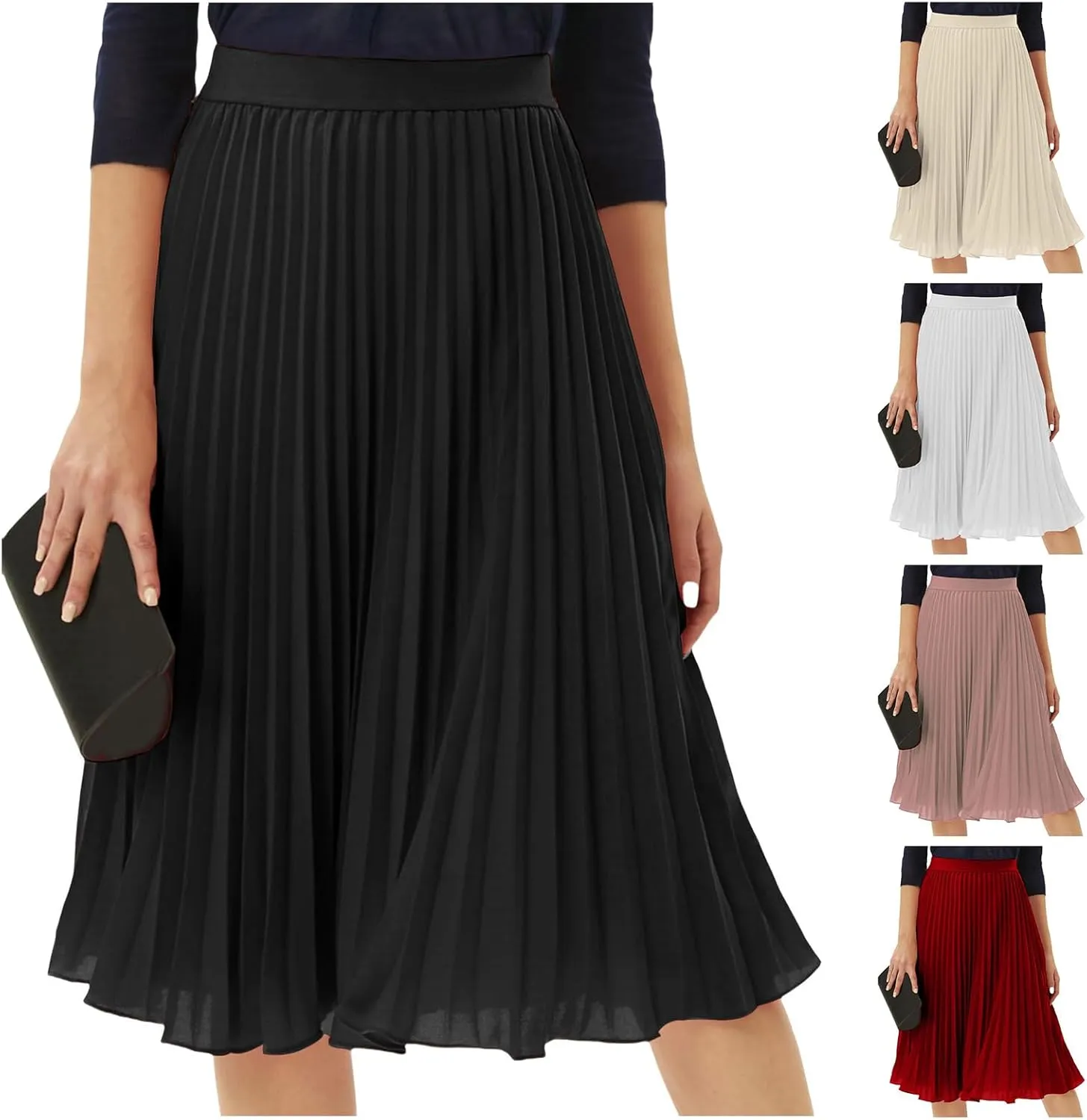 Women's High Waist Flowy Skirts Boho Swing Pleated A-line Midi Skirts Summer Casual Knee Length Beach Skirt