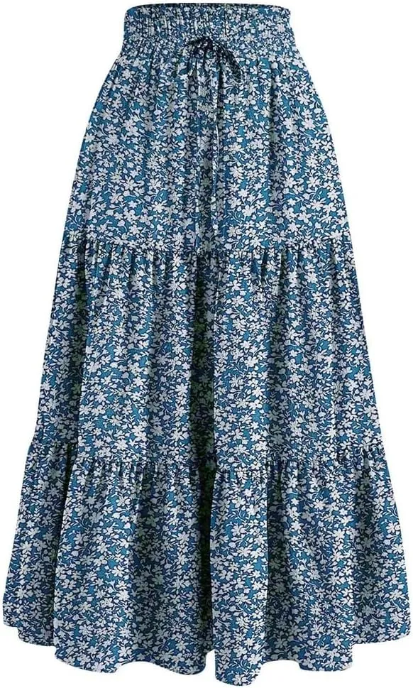 Women's High Waist Pleated A-Line Skirt Casual Office Lady Temperament Thin Floral Skirt
