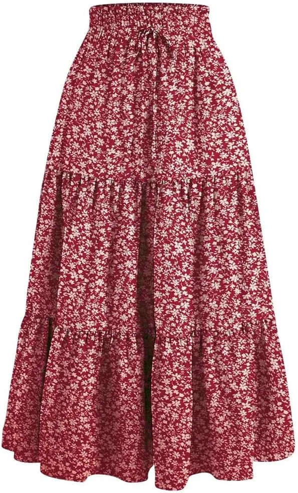 Women's High Waist Pleated A-Line Skirt Casual Office Lady Temperament Thin Floral Skirt