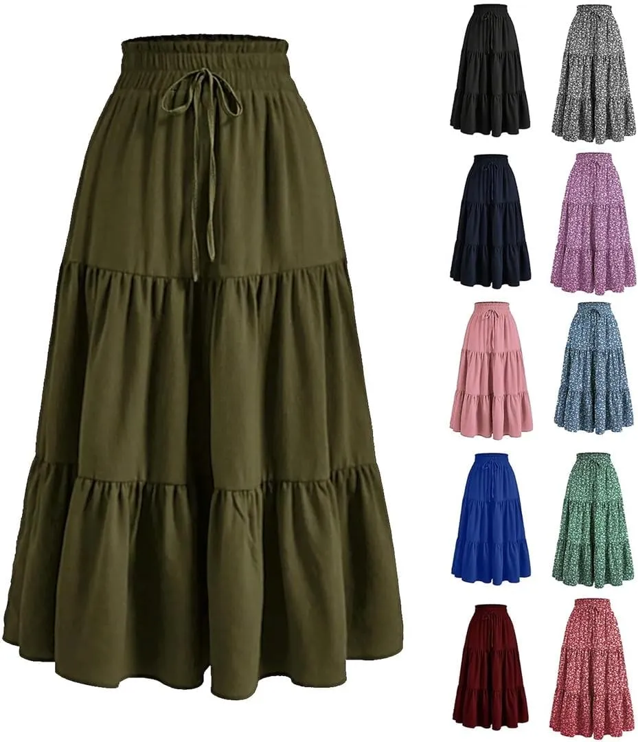 Women's High Waist Pleated A-Line Skirt Casual Office Lady Temperament Thin Floral Skirt