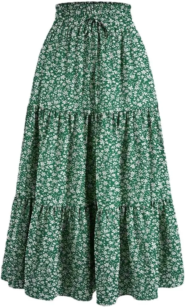 Women's High Waist Pleated A-Line Skirt Casual Office Lady Temperament Thin Floral Skirt