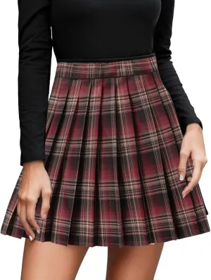 Women's High Waist Pleated Mini Skirt Skater Tennis Skirt Plaid A-Line Uniform Mini Skirt