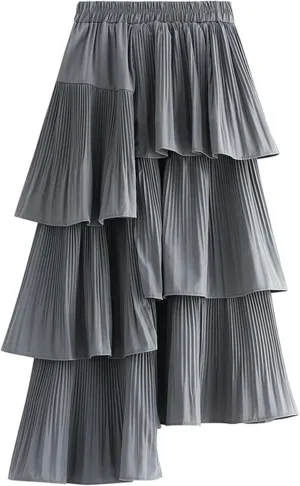 Womens High Waisted A Line Skirt Casual Ruffle Asymmetrical Hem Pleated Layered Skirts