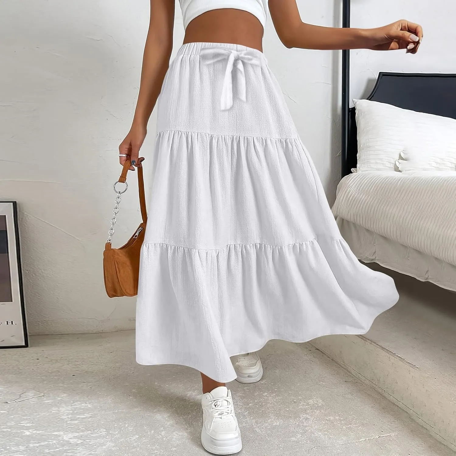 Womens High Waisted Basic Maxi Skirts 2025 Pleated Elastic Waist A-Line Skirt Trendy Summer Flowy Swing Long Skirts