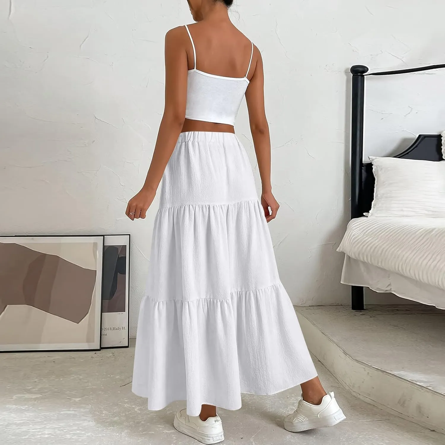 Womens High Waisted Basic Maxi Skirts 2025 Pleated Elastic Waist A-Line Skirt Trendy Summer Flowy Swing Long Skirts