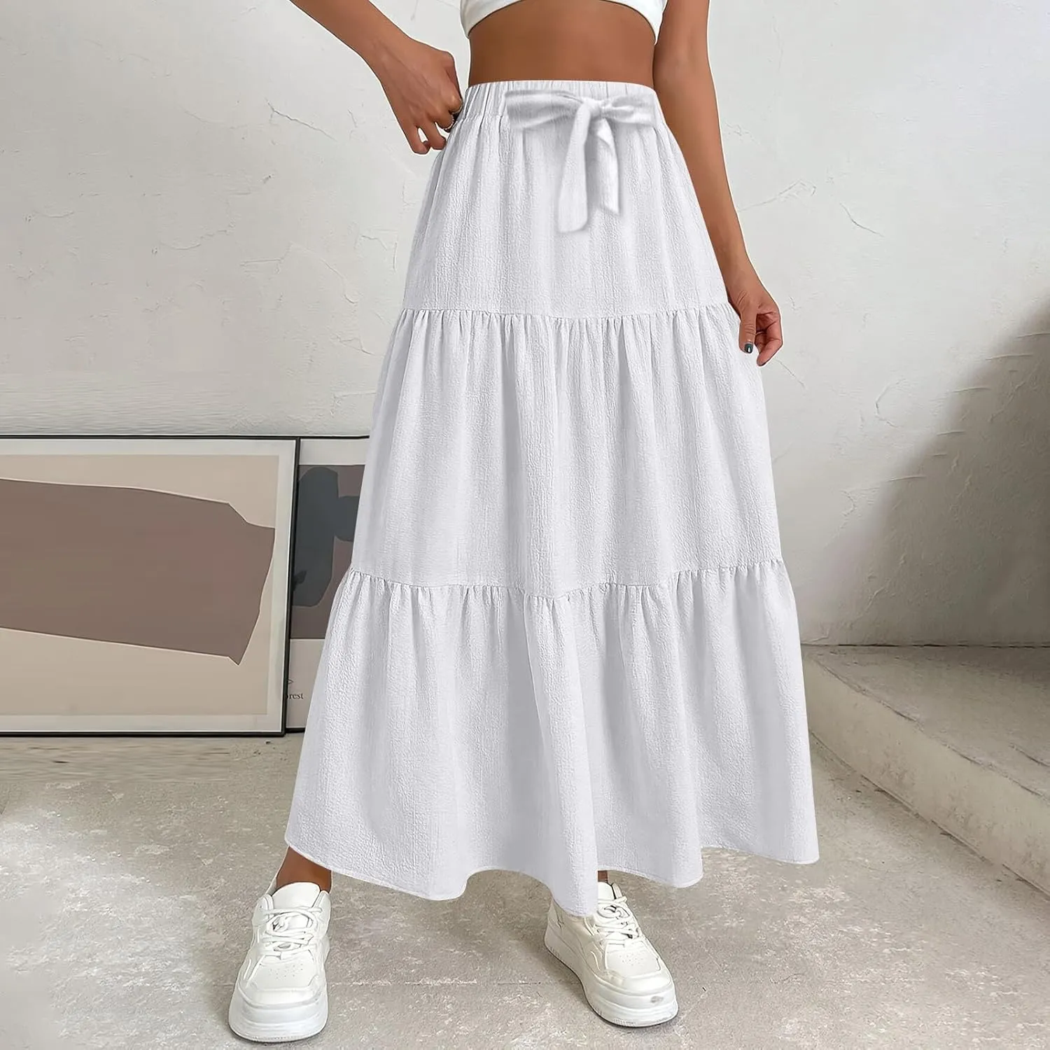 Womens High Waisted Basic Maxi Skirts 2025 Pleated Elastic Waist A-Line Skirt Trendy Summer Flowy Swing Long Skirts