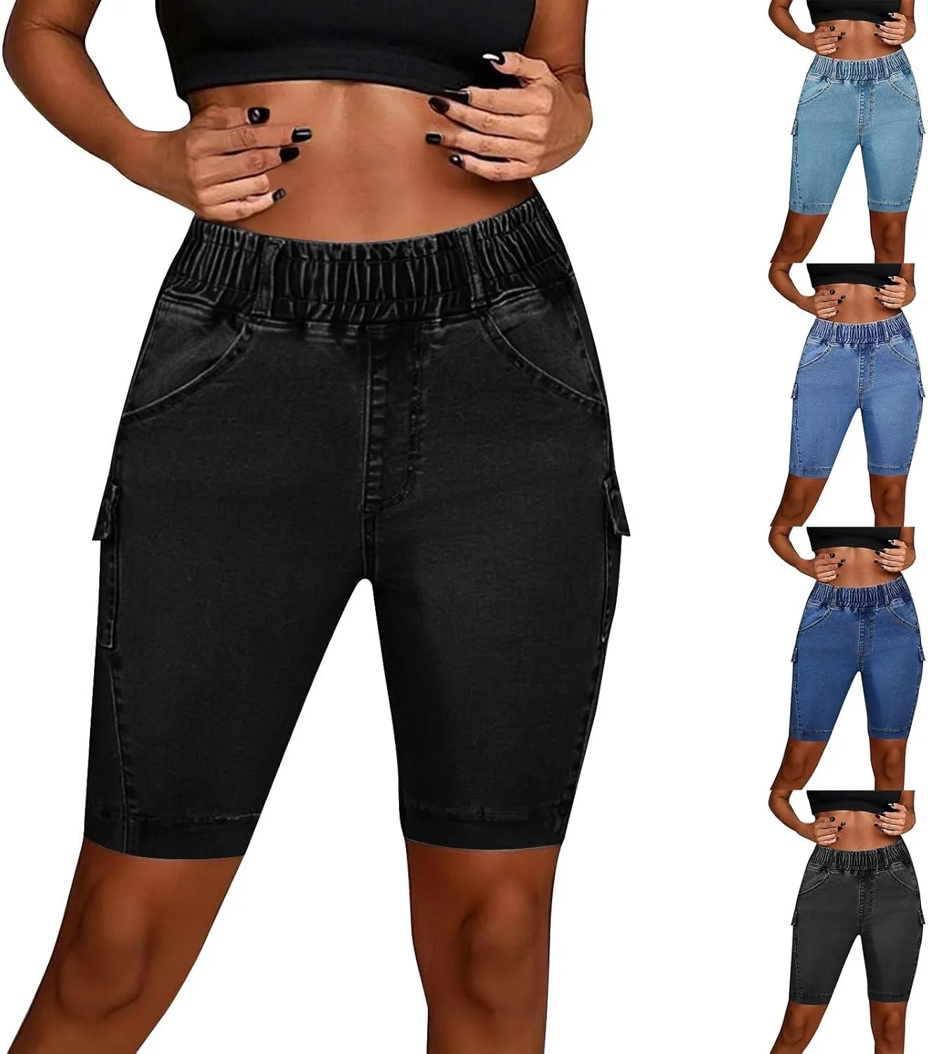 Women's High Waisted Bermuda Shorts Casual Stretchy Knee Length Jean Shorts Mid-Low Waisted Denim Y2K Jorts