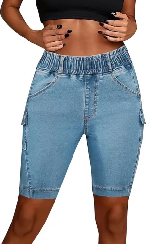 Women's High Waisted Bermuda Shorts Casual Stretchy Knee Length Jean Shorts Mid-Low Waisted Denim Y2K Jorts