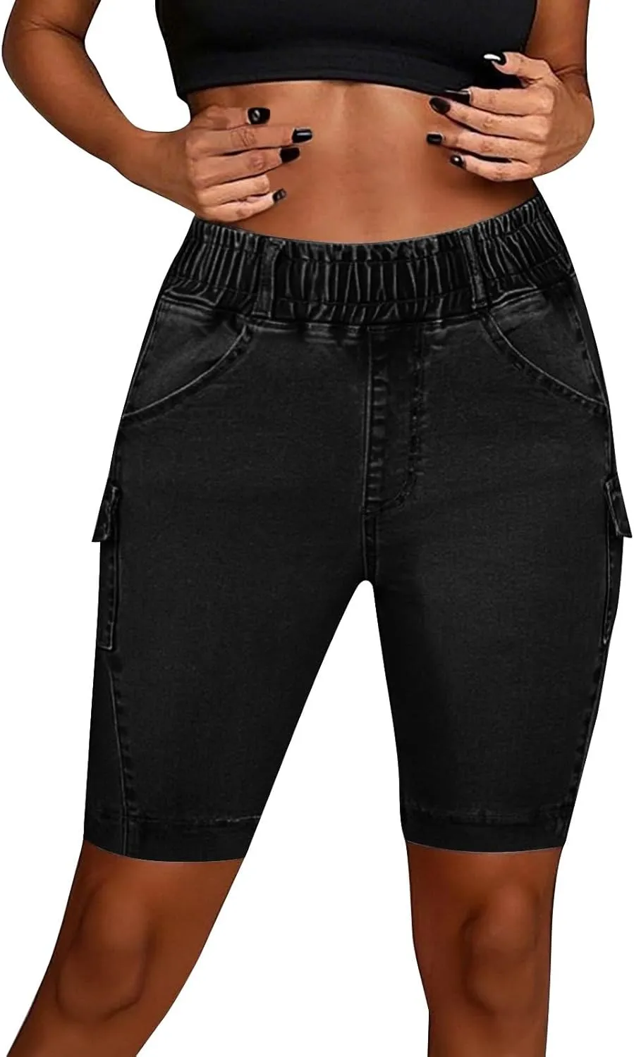 Women's High Waisted Bermuda Shorts Casual Stretchy Knee Length Jean Shorts Mid-Low Waisted Denim Y2K Jorts